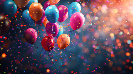 Colorful Balloons with Confetti. Festive image of colorful balloons and confetti against a dark background, capturing the essence of celebration and joy.