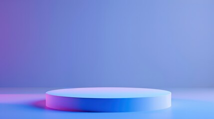 A white circular podium sits on a blue and pink gradient background, illuminated by colorful lights. The platform is perfect for showcasing products.