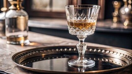 Elegant glass of liqueur on a silver tray.