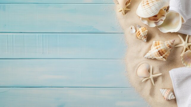 Seashells and starfish on sand against a blue wooden background.