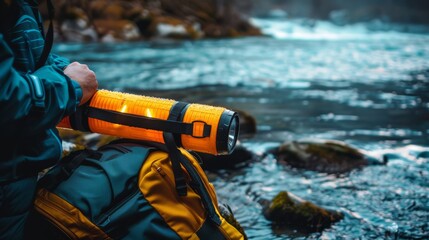 Outdoor Adventure with Portable Waterproof LED Flashlight near Riverbank
