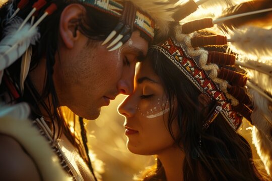 A man and a woman wear traditional Native American headdresses, representing cultural heritage