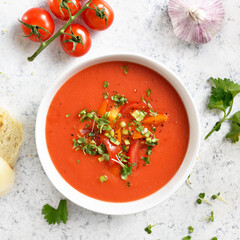 Homemade gazpacho soup in bowl over light stone background