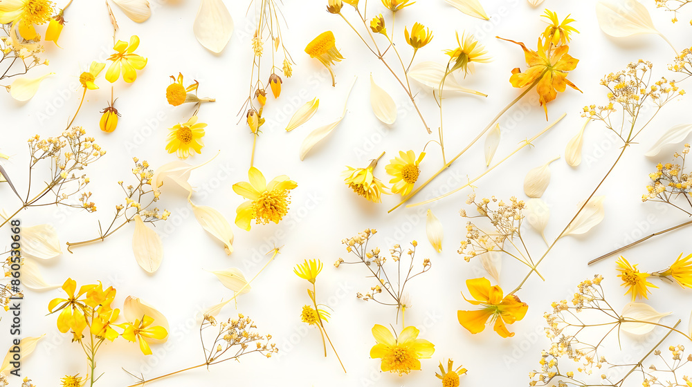 Poster yellow dry flowers branches leaves and petals pattern isolated on white background flat lay overhead
