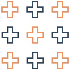 Obraz premium Memphis Cross Plus. Crosses - pluses diagonally distributed simple minimalist decorative geometrical vector pattern. black white seamless pattern with plus sign