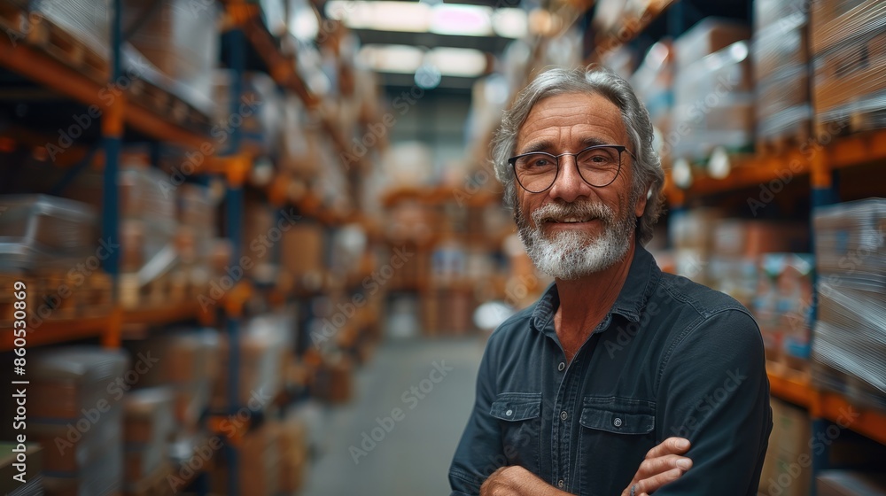 Poster a smiling handsome man in his sixties managing the logistics warehouse, coordinating loading and unl