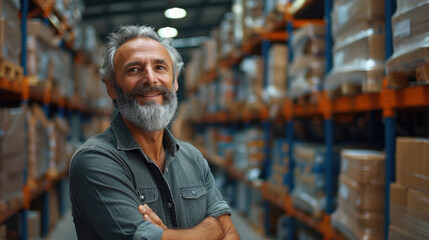 A smiling handsome man in his sixties managing the logistics warehouse, coordinating loading and unloading goods, blurred background of a warehouse. Generative AI.