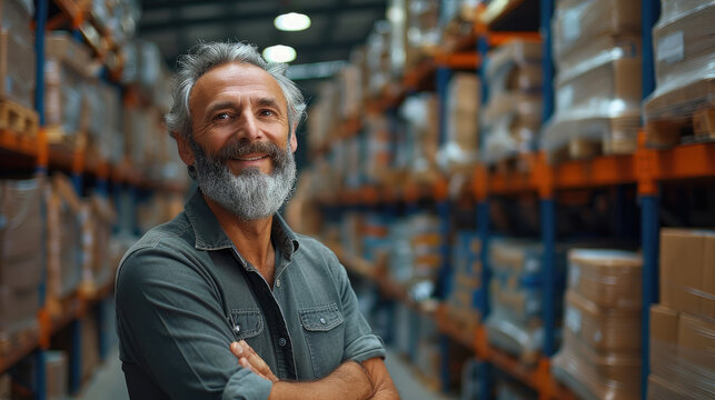 A smiling handsome man in his sixties managing the logistics warehouse, coordinating loading and unloading goods, blurred background of a warehouse. Generative AI.