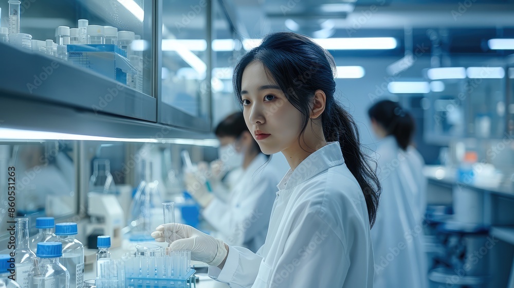 Poster a modern laboratory, chinese woman scientists in lab coats working on peptide synthesis, advanced la