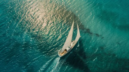 Aerial View of Sailboat Cruising on Turquoise Waters Under Golden Sunlight