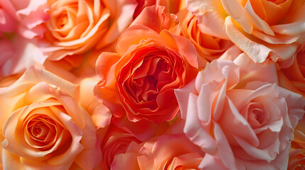 Background of pink orange and peach roses : Generative AI