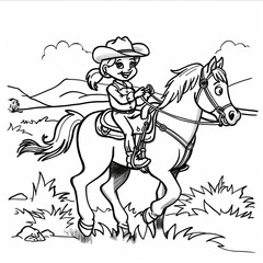 Photo happy cute cowgirl riding pony horse coloring page