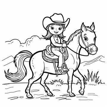 Photo happy cute cowgirl riding pony horse coloring page