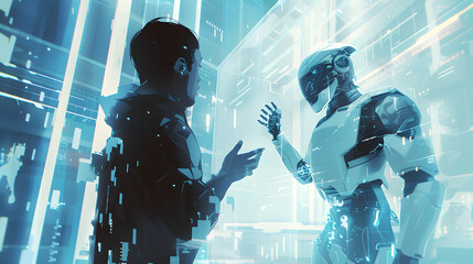 Business man AI artificial intelligence humanoid robot android conversation Futuristic technology collaborate future interaction integration workforce computers automation. Human replaced by robots
