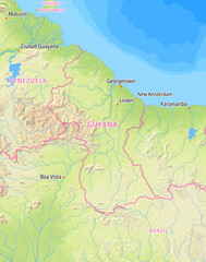 Map of Guyana and surrounding countries With country names In English