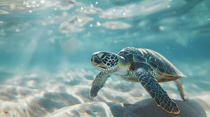 Obraz premium Tranquil Underwater Seascape with Swimming Sea Turtle in Blurred Focus