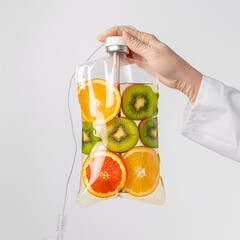 Hand of nurse holding IV bag filled with fruit orange and kiwi white background