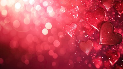 multiple glitter red hearts on pink background with bokeh effect with copy space love celebration backdrop