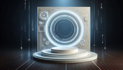 High-Tech 3D Podium with Futuristic Light Effects for Gaming and Sci-Fi Platforms in a Digital Abstract Design
