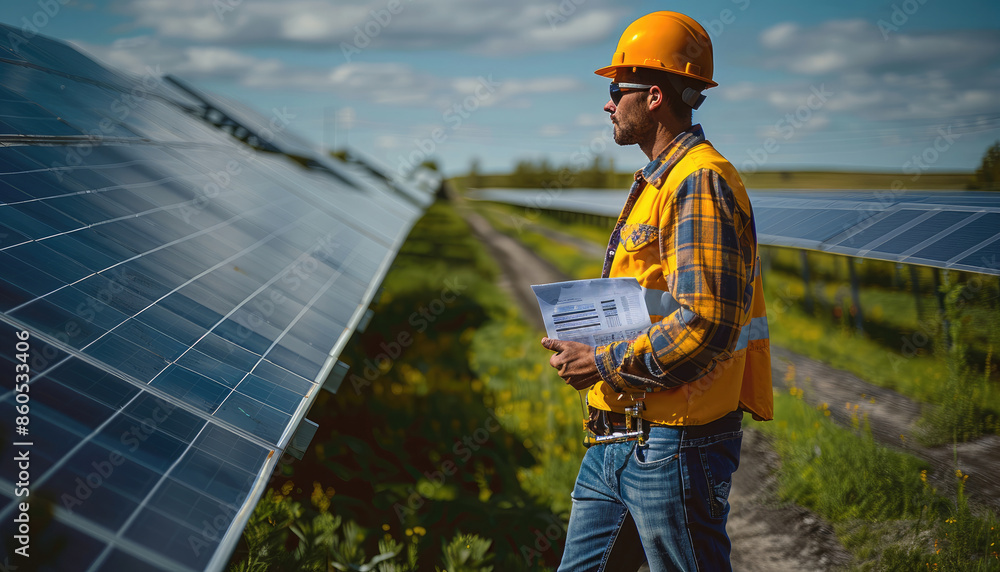 Poster An engineer walking with check up list in the solar power plant field. Generative AI.