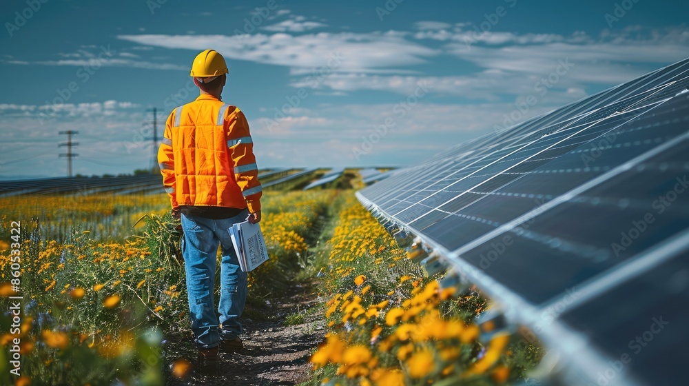 Poster An engineer walking with check up list in the solar power plant field. Generative AI.