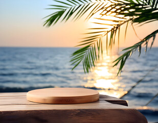 Obraz premium Summer Beach Podium: 3D Sand and Sea Display Platform for Holiday Promotions and Travel Ads
