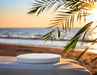 Obraz premium Summer Beach Podium: 3D Sand and Sea Display Platform for Holiday Promotions and Travel Ads
