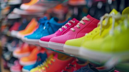 Fototapeta premium Display of colorful shoes on sale at a shoe store