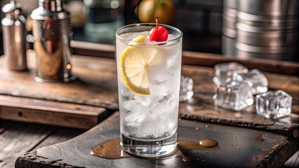 Refreshing cocktail with lemon and cherry on a bar counter.
