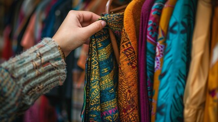 A shopper's hands browsing through a rack of colorful clothes in a boutique, with various textures and fabrics on display