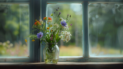 Bouquet of wild flowers in a vase on the window of an old country house summer cottage : Generative AI
