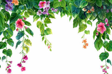 Fototapeta premium Colorful Hanging Vines and Flowers on White Background, Vibrant Botanical Decoration