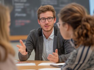 A mediator facilitating a discussion between two parties in a dispute resolution session