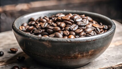 Naklejka premium Bowl of roasted coffee beans on a dark table.