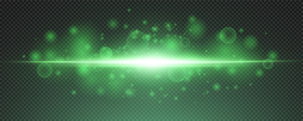 Set of realistic vector green stars png. Set of vector suns png. Green flares with highlights. Horizontal light lines, laser, flash. Bright magikal light effect with rays and many glares of light.