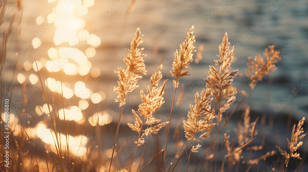 Aufkleber wild grasses on the sea coast at sunset macro image shallow depth of field beautiful autumn nature b