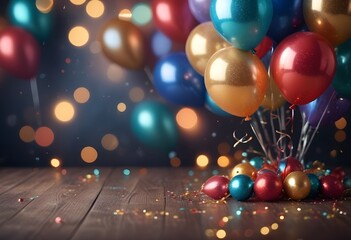 birthday party balloons, colorful balloon background, and birthday cake with candles