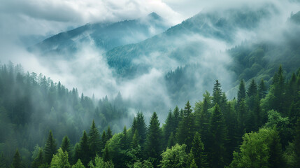 view over wooded mountain slopes, created with generative AI technology