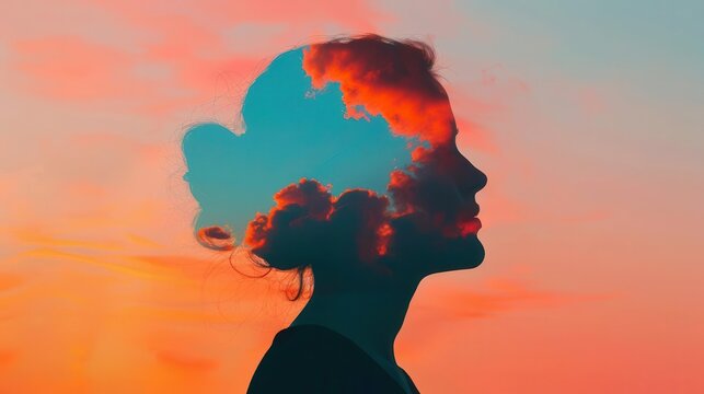 A silhouette of a woman's profile blended with a colorful cloudscape creates a serene and imaginative double exposure effect.