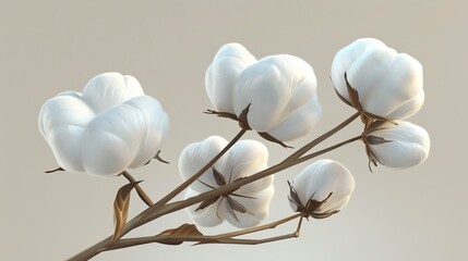 Lifelike 3D cotton flower illustration with fluffy white blossoms. Natural organic crop used for textiles and fabrics. Perfect botanical design element for your projects.