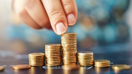 Hand stacking coins in ascending order. Concept of financial growth, savings, investment and economic progress.