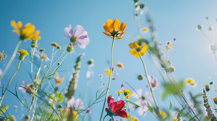 Fototapeta premium Colourful wild flowers blooming outside Savill Garden Egham Surrey UK photographed against a clear blue sky : Generative AI
