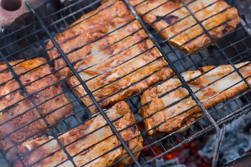 Barbecue at the cottage. May holidays. Barbecue in nature. The process of cooking meat on the grill, close-up. Barbecue of pork ribs on the grill.