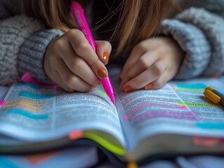 A law student highlighting key passages in a textbook while studying for exams