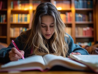A law student highlighting key passages in a textbook while studying for exams