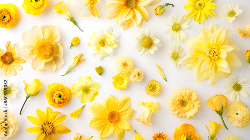 Poster flowers composition frame made of various yellow flowers on white background easter spring summer co
