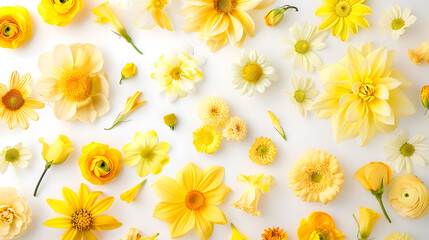 Flowers composition Frame made of various yellow flowers on white background Easter spring summer concept Flat lay top view copy space : Generative AI
