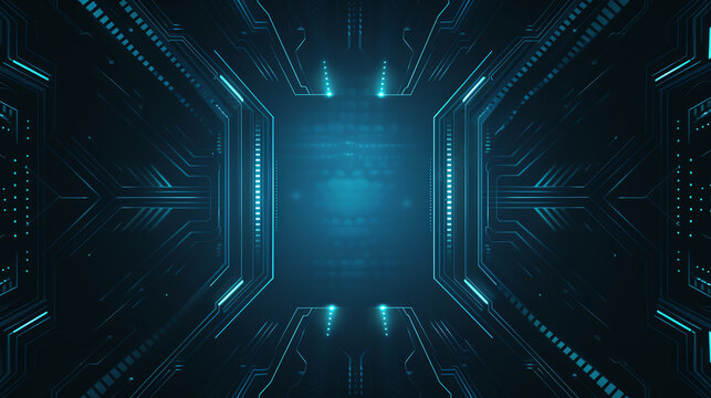 Abstract dark futuristic background with luminous patterns, front view, highlight the contrast of light and shadow, cybernetic tone, Analogous Color Scheme