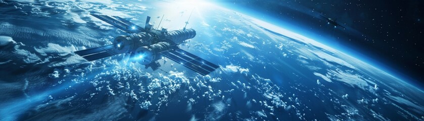 Obraz premium Futuristic Space Station Orbiting Earth in Blue and Black Colors, High Resolution Sci-Fi Concept