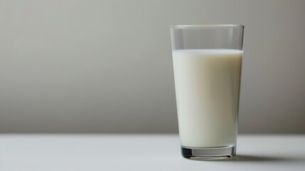 Minimalist background featuring a glass of milk on a white surface with ample space for text ideal for promotional materials and mockups